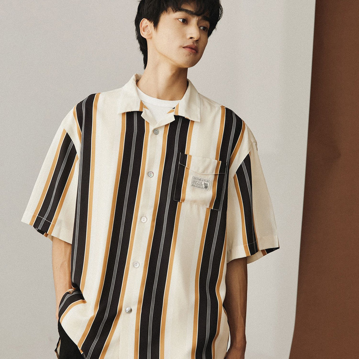 Men Short Sleeve Shirt American Style Stripe C125 Black 2XL