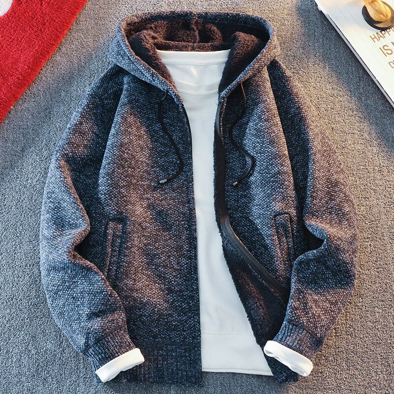 Men Hooded Thick Knitwear Loose Long Sleeve Coffee