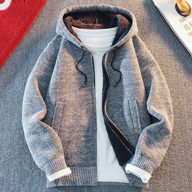 Men Hooded Thick Knitwear Loose Long Sleeve Burgundy