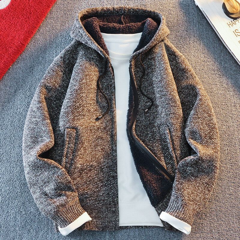 Men Hooded Thick Knitwear Loose Long Sleeve Burgundy