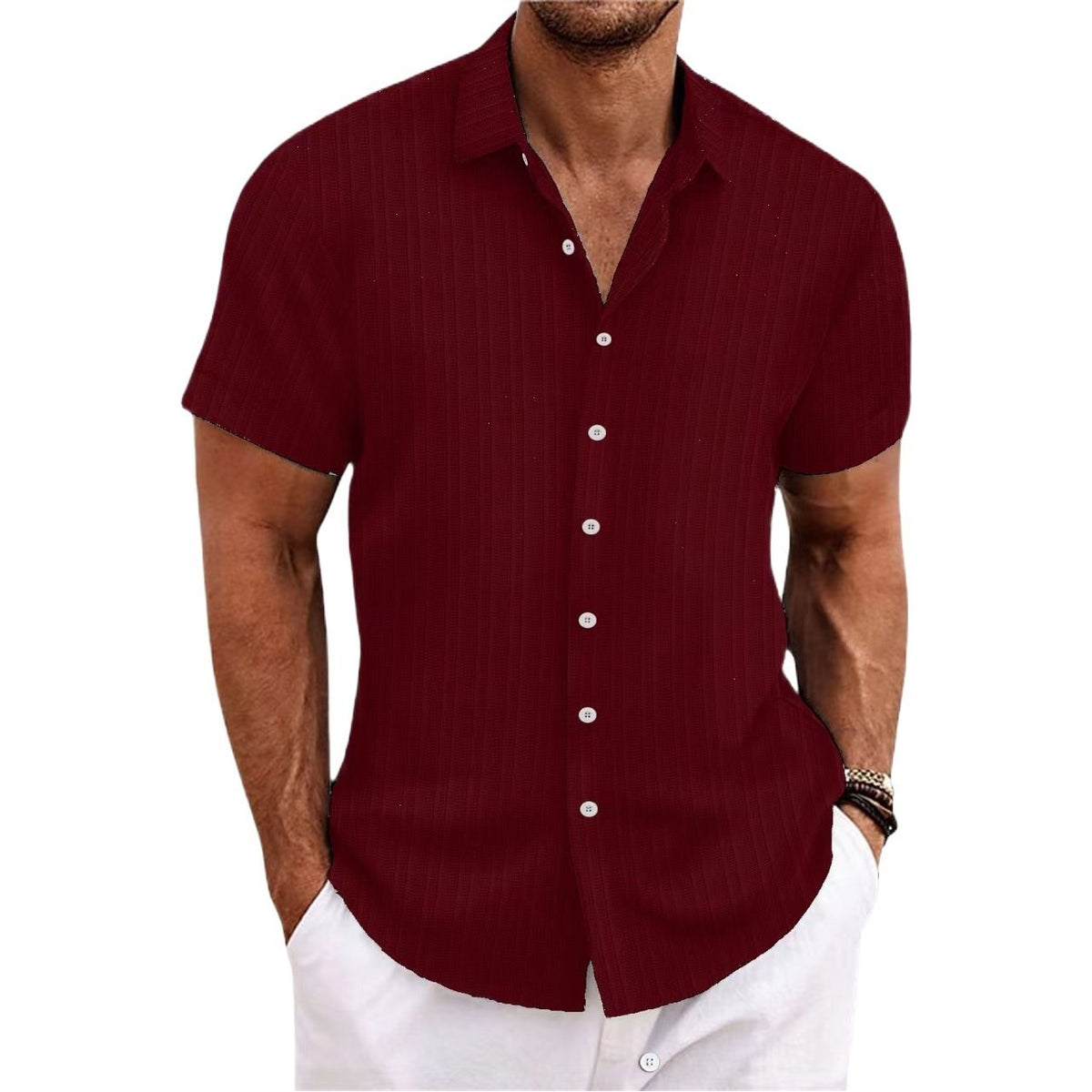 Men Cotton Linen Striped Casual Shirt Red
