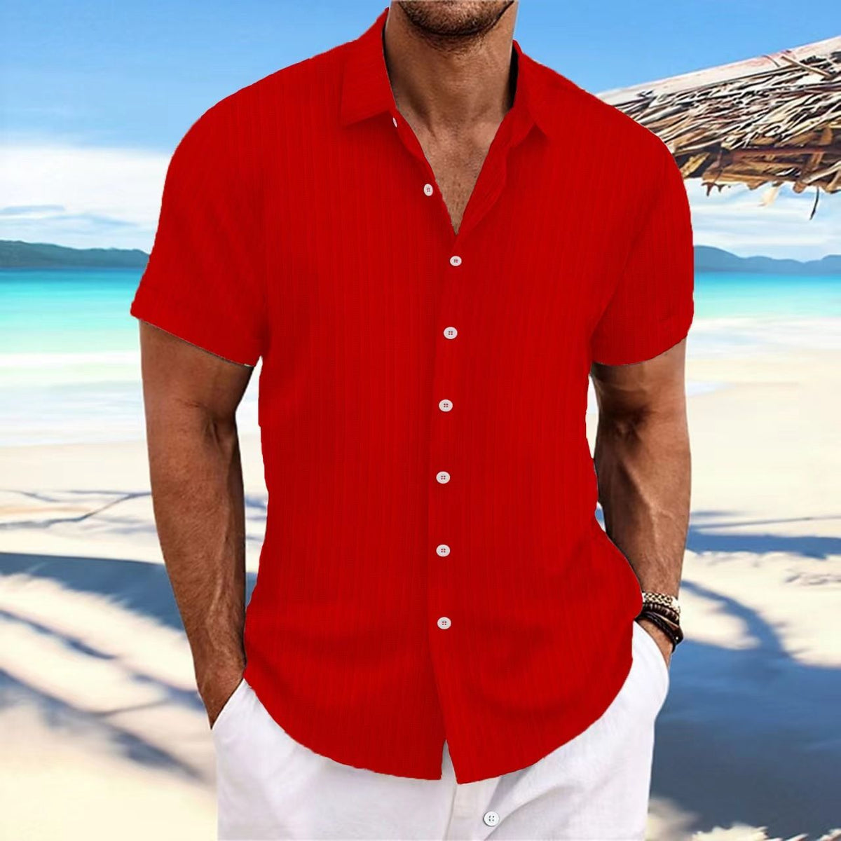Men Cotton Linen Striped Casual Shirt Red XXL