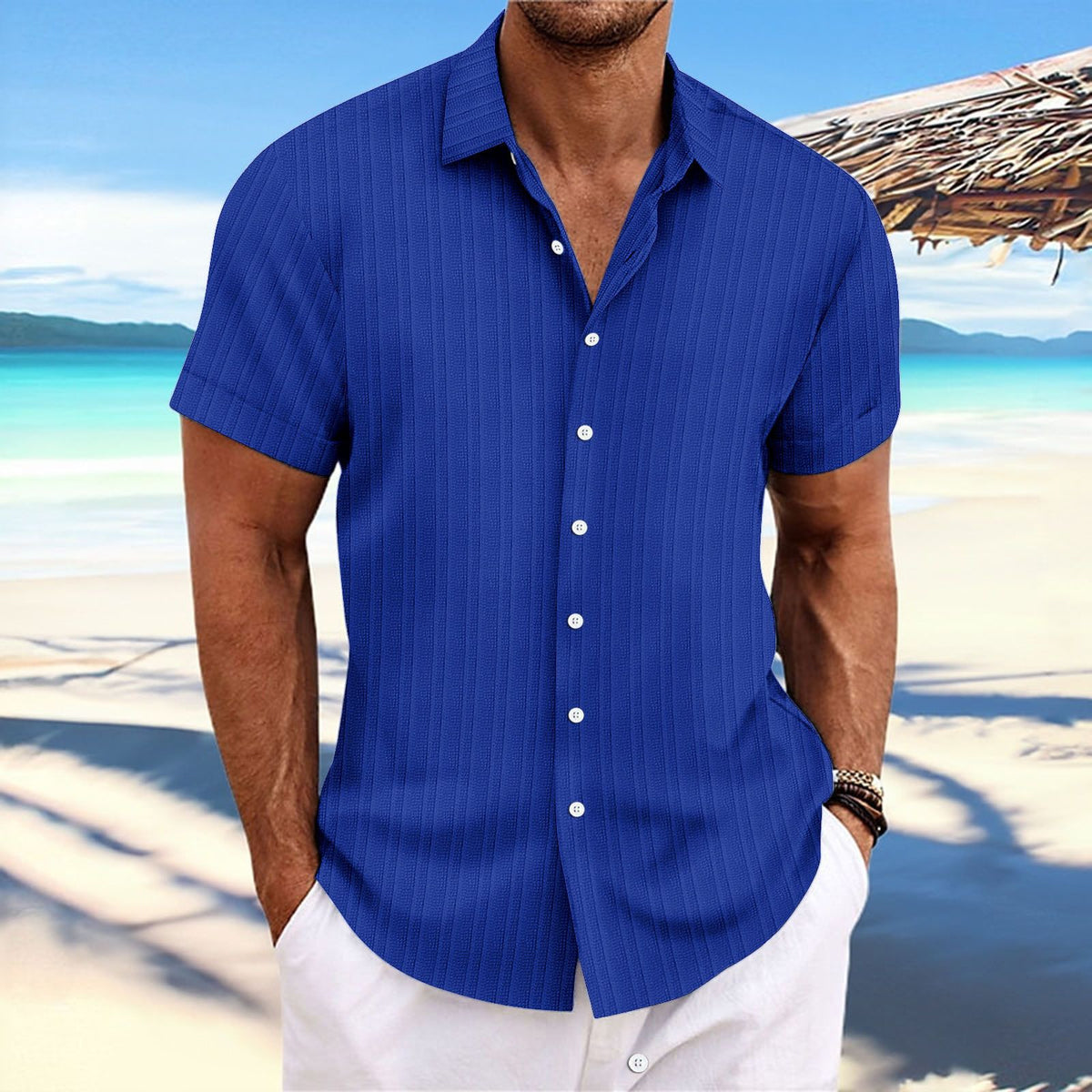 Men Cotton Linen Striped Casual Shirt Red XXL