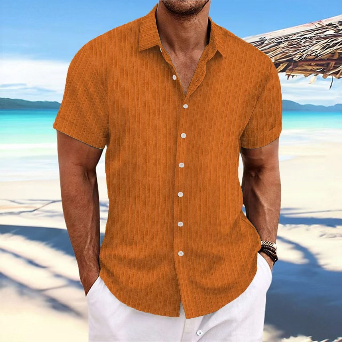 Men Cotton Linen Striped Casual Shirt Orange