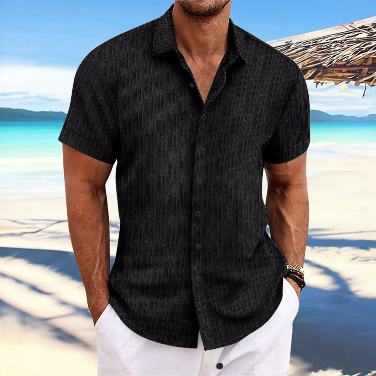 Men Cotton Linen Striped Casual Shirt Light blue