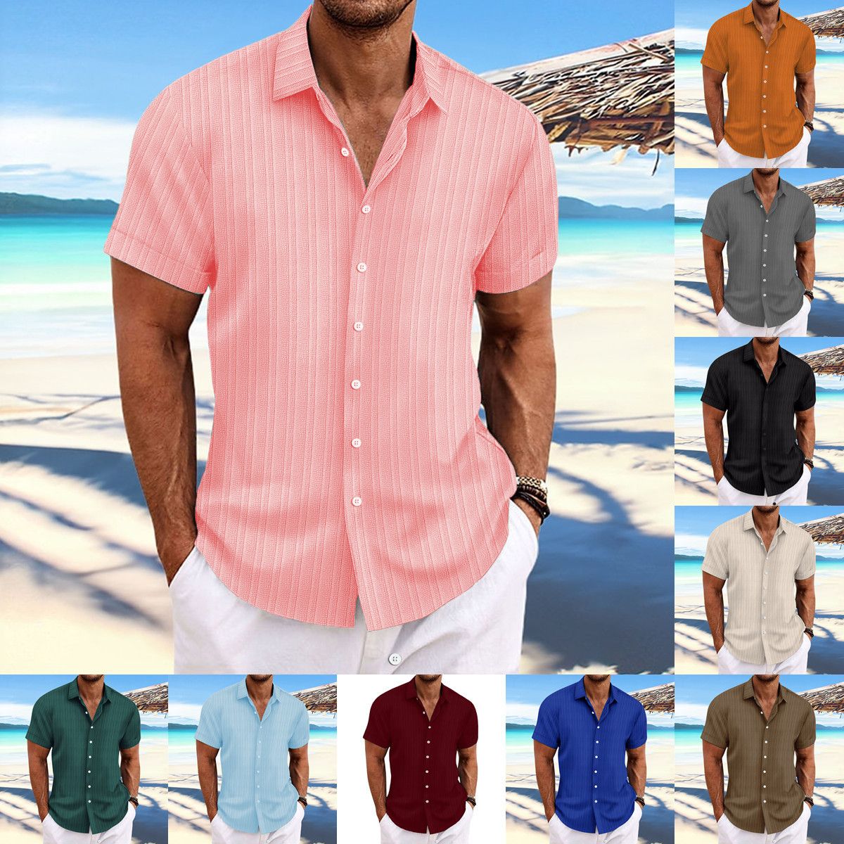 Men Cotton Linen Striped Casual Shirt Light blue
