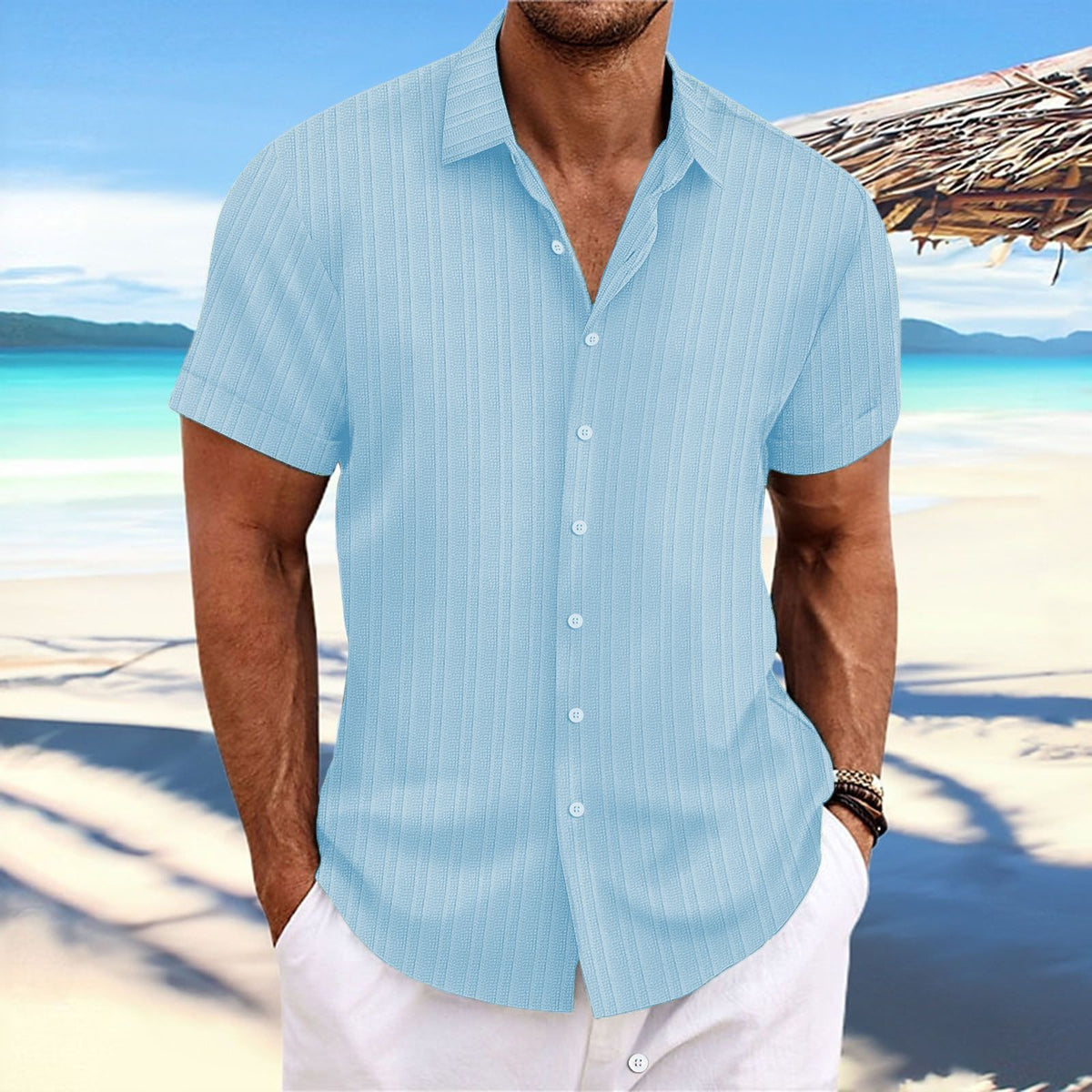 Men Cotton Linen Striped Casual Shirt Light blue XXXL