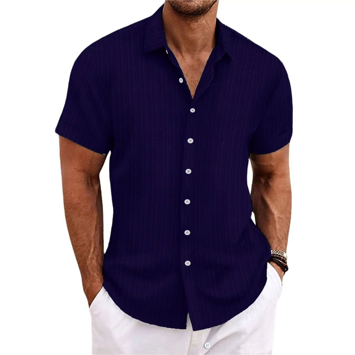 Men Cotton Linen Striped Casual Shirt Navy blue XXL