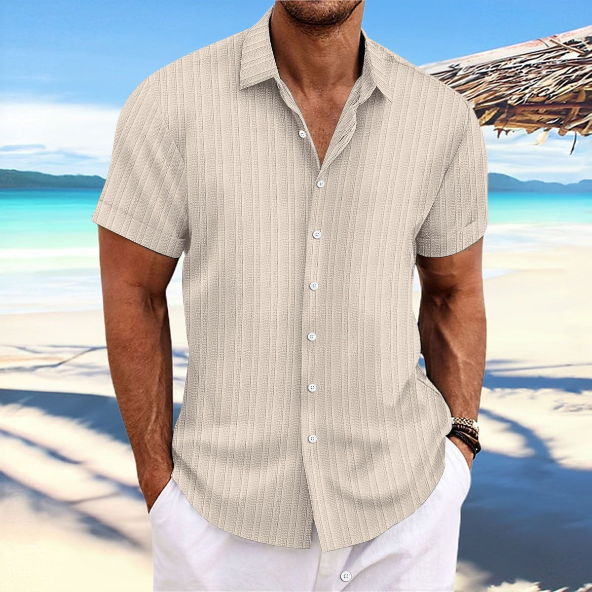 Men Cotton Linen Striped Casual Shirt Peach