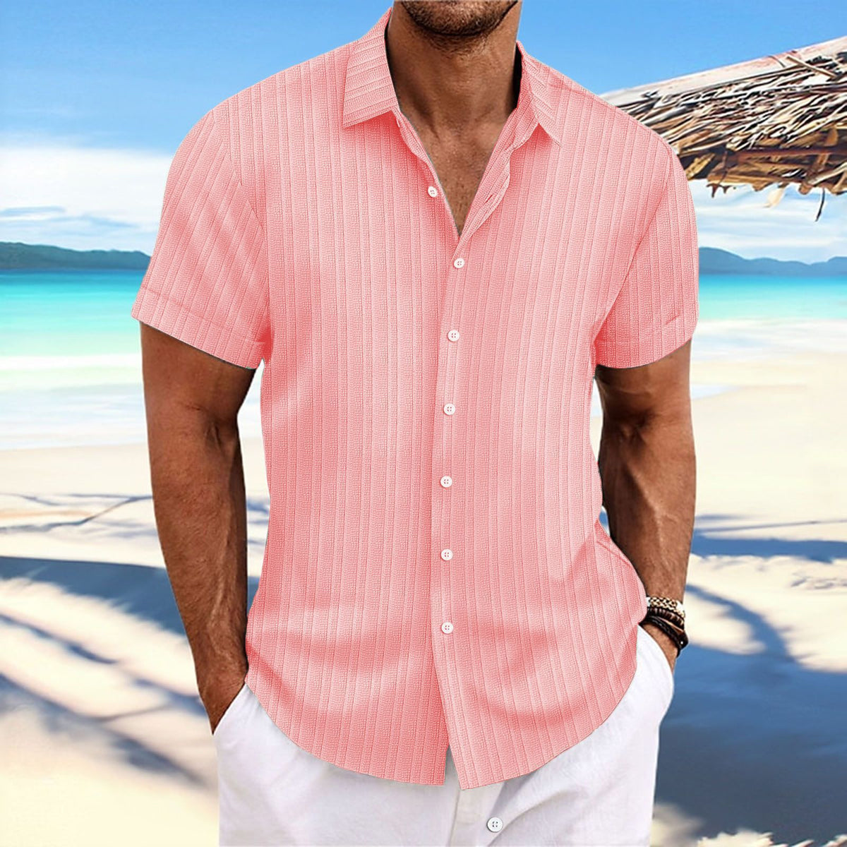 Men Cotton Linen Striped Casual Shirt Peach XXL