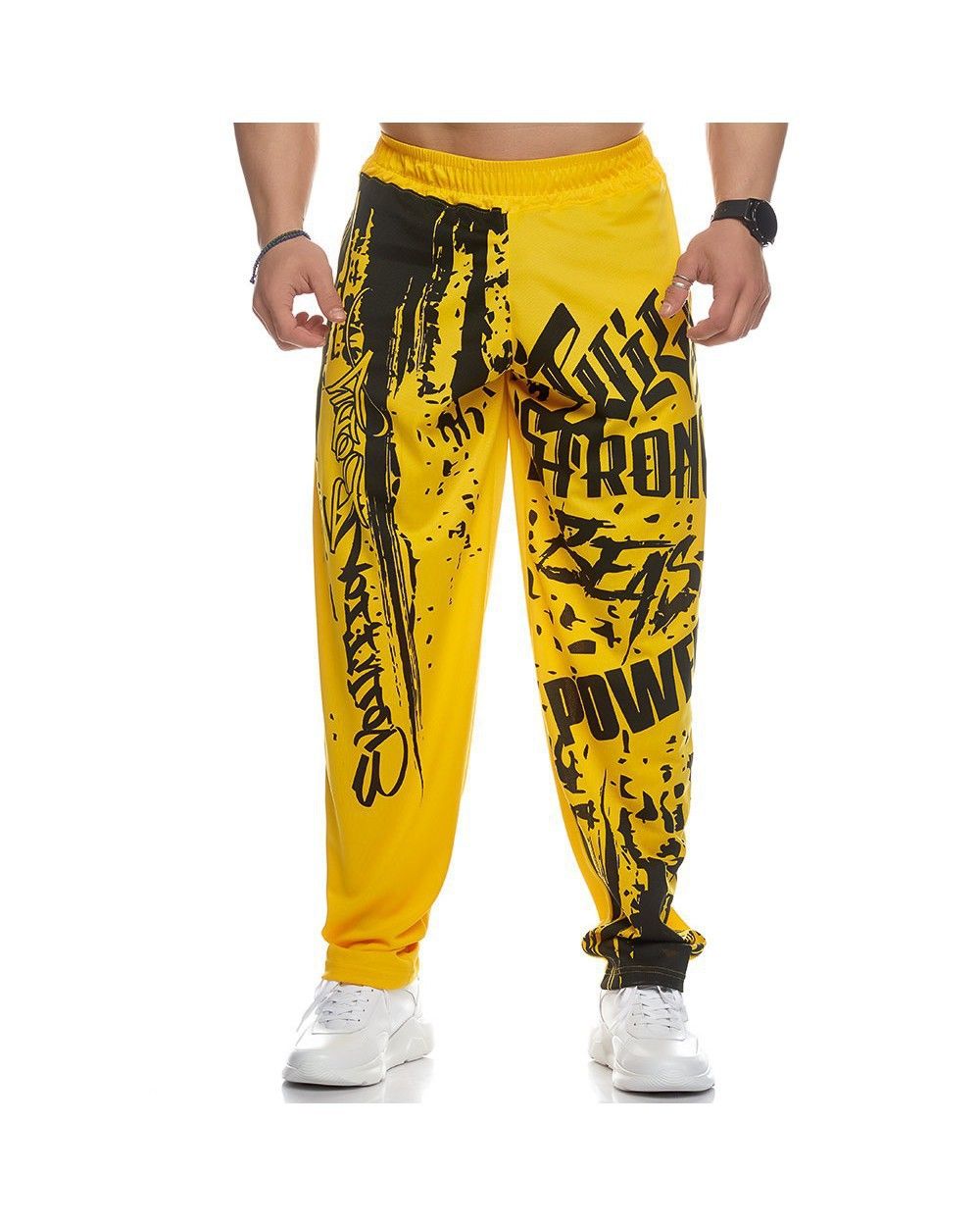Men Headband Graffiti Straight Pants Polyester Yellow XXXL