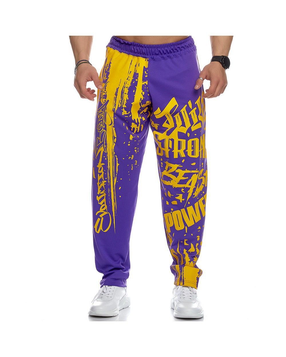 Men Headband Graffiti Straight Pants Polyester Purple XXL
