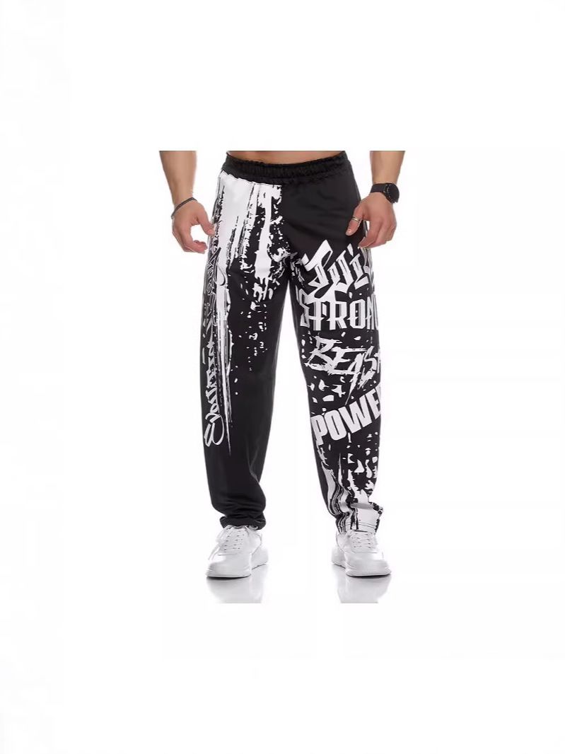Men Headband Graffiti Straight Pants Polyester Black XXXL