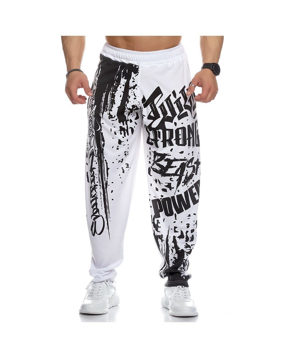 Men Headband Graffiti Straight Pants Polyester White L