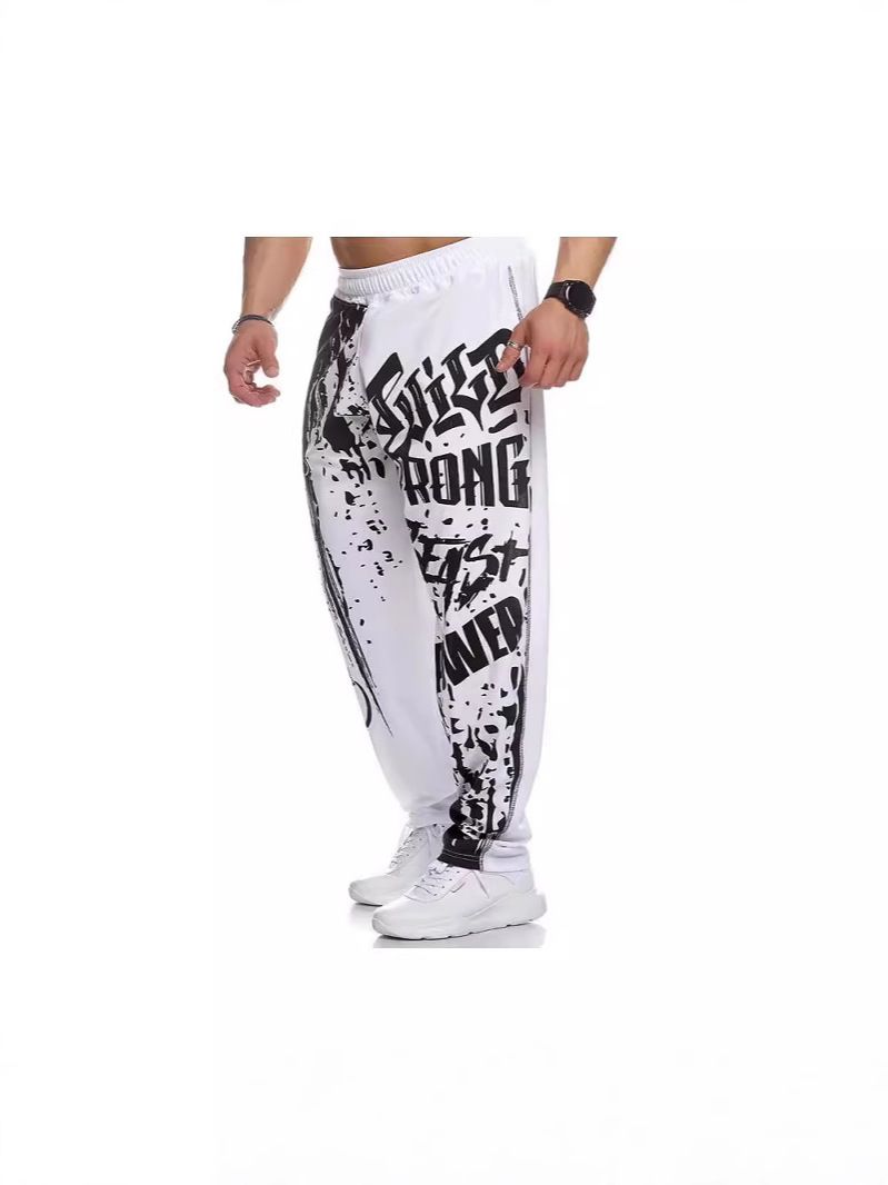 Men Headband Graffiti Straight Pants Polyester White XL