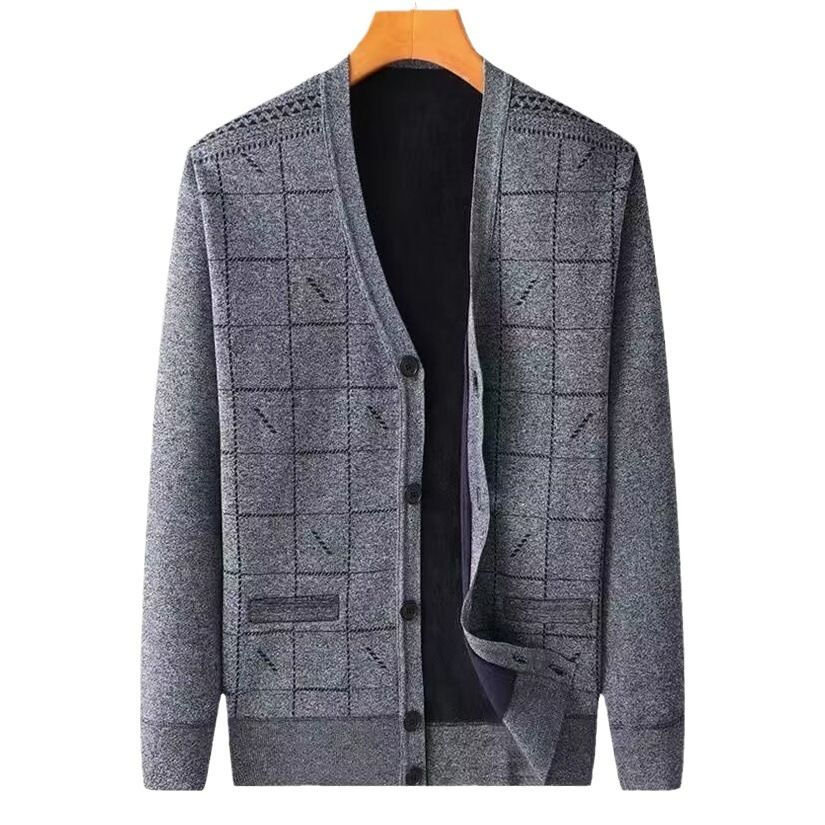 Men V Neck Fleece Cardigan Sweater Loose Fit Rhombus fleece-lined cardigan Blue Gray XL