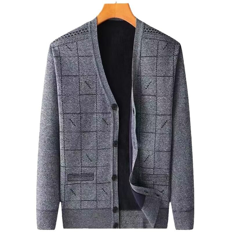 Men V Neck Fleece Cardigan Sweater Loose Fit Rhombus fleece-lined cardigan Blue Gray XL