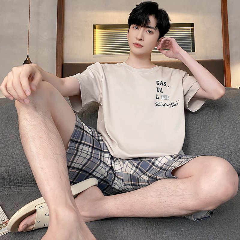 Shelofei Men Summer Cotton Pajama Set Short Sleeve DF93026 XL