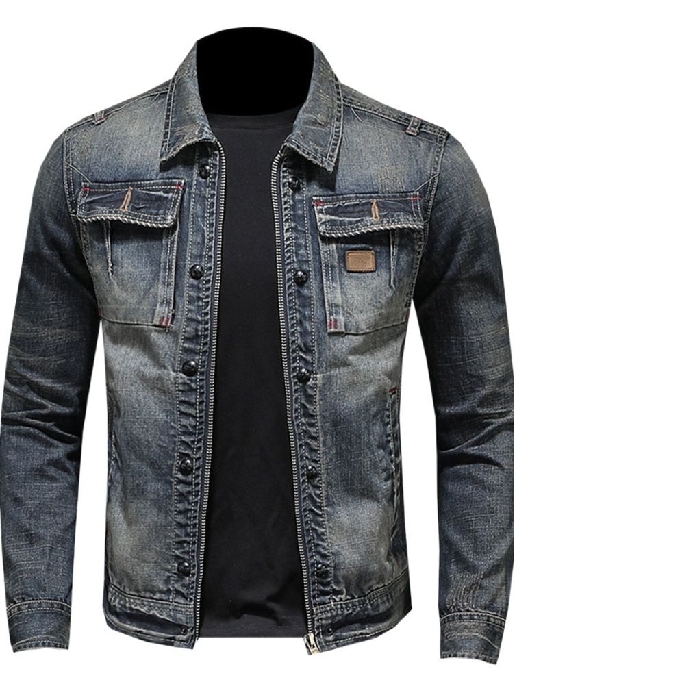 Men Denim Jacket Vintage Wash Cotton Long Sleeve Blue 4XL