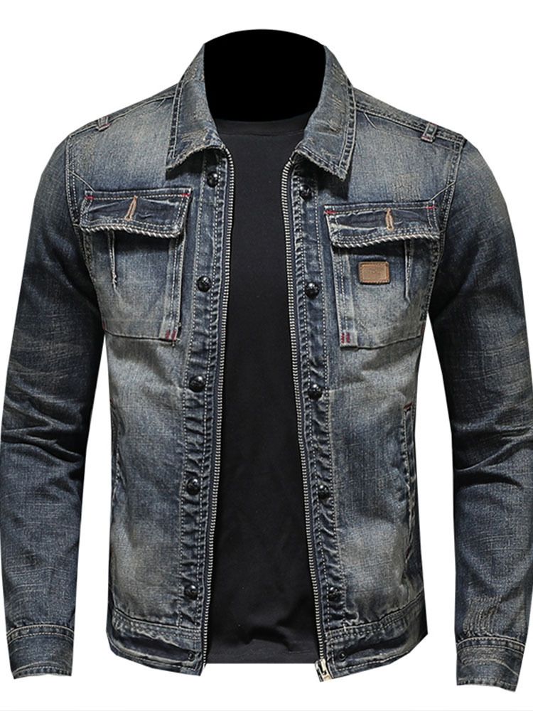 Men Denim Jacket Vintage Wash Cotton Long Sleeve Blue 4XL