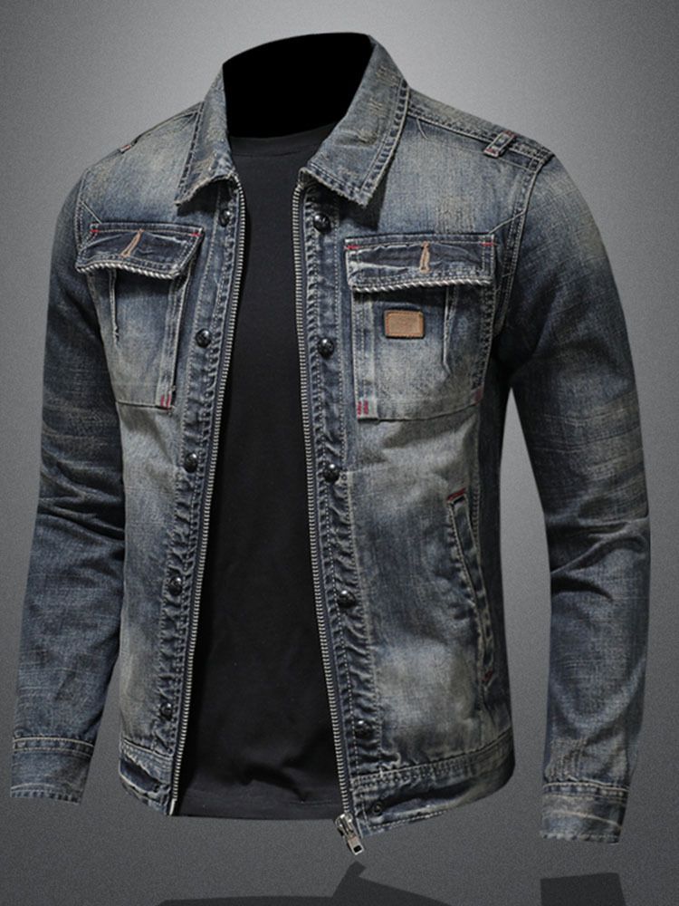 Men Denim Jacket Vintage Wash Cotton Long Sleeve Blue 4XL