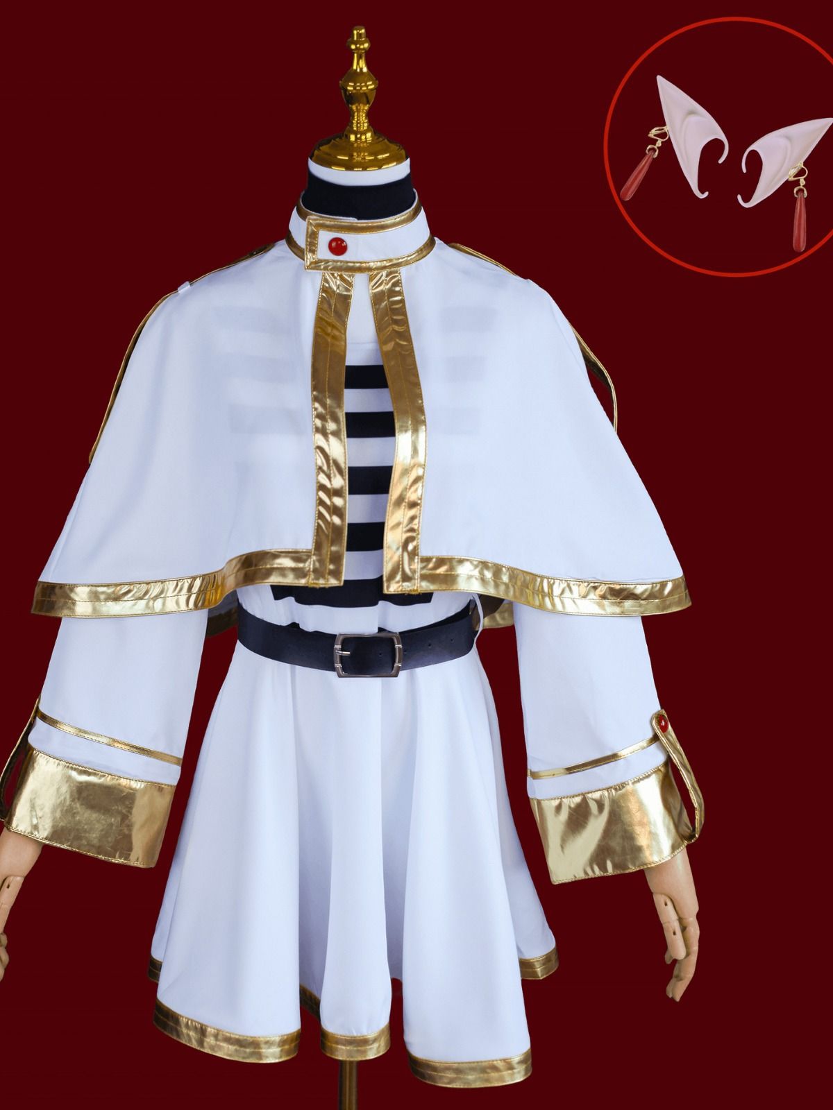 Frieren Cosplay Costume with Wig Polyester Fulilian complete set + wig M Size: M; Height (cm): 160-165; Weight (kg): 50-55; Bust (cm): 86-90; Waist (cm): 70-74; Shoulder width (cm): 38; Length (cm): 60