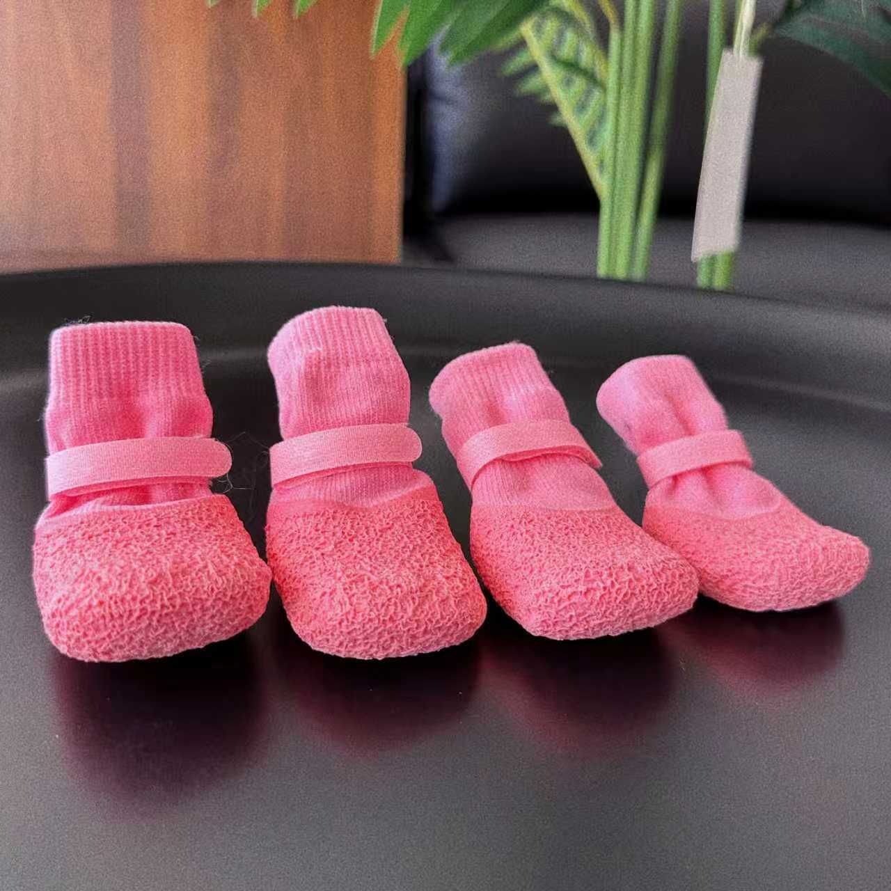 Dog Shoes Waterproof Non Slip PVC Breathable Pink wrinkled shoes L large size comes with 4 straps【 4-8kg 】