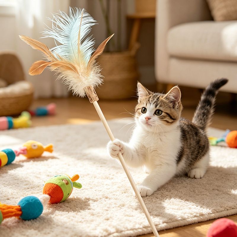 Shengyu Wooden Cat Teaser Wand with Feather and Bell Blue