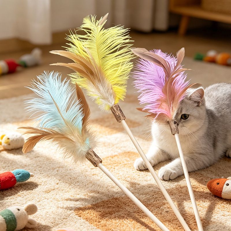 Shengyu Wooden Cat Teaser Wand with Feather and Bell Yellow