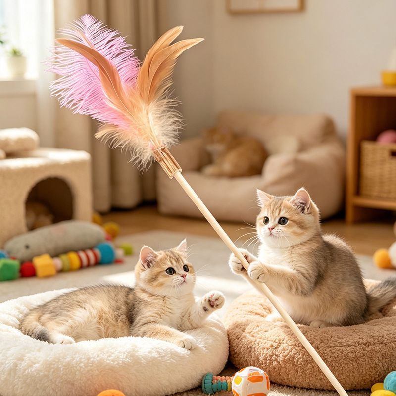 Shengyu Wooden Cat Teaser Wand with Feather and Bell Pink