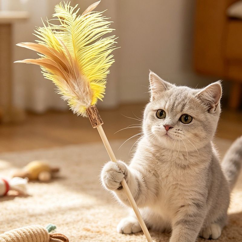 Shengyu Wooden Cat Teaser Wand with Feather and Bell Pink