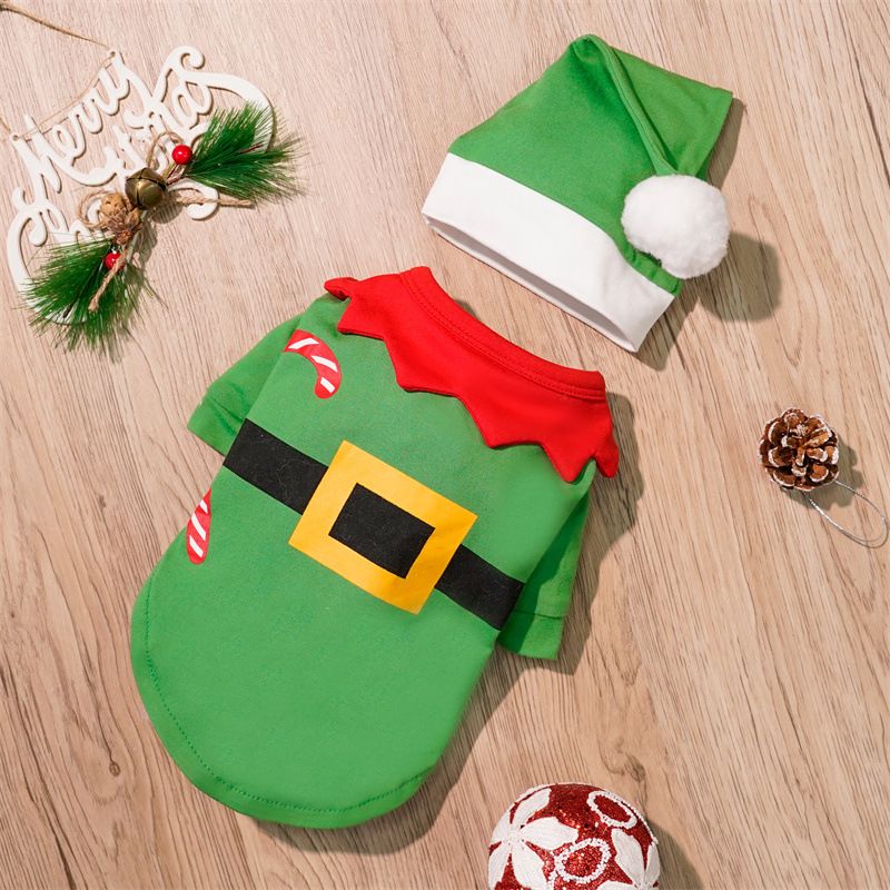 Pet Christmas Dog Clothes Polyester Green Christmas Set XXL (Chest 55cm, Recommended Weight 12-15 jin)