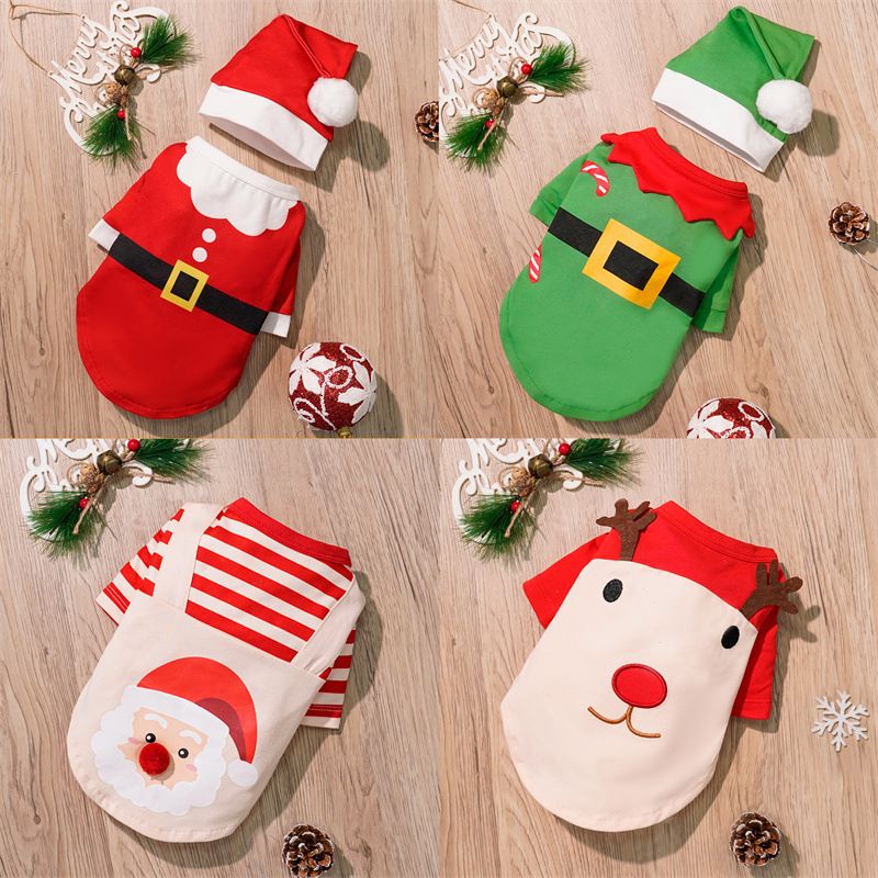 Pet Christmas Dog Clothes Polyester Christmas striped t-shirt overalls M (Chest 40cm, Recommended weight 2.5-3.5kg)