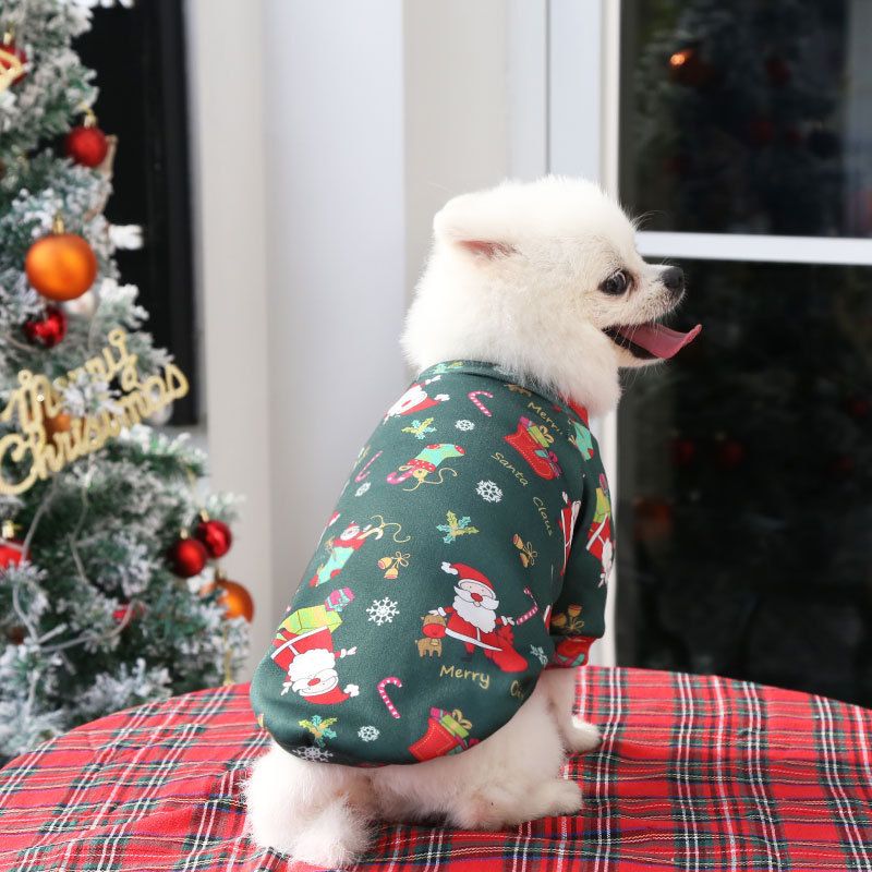 Pet Sweatshirt Christmas Print Fleece Lined Dog Cat Two-legged composite velvet green bottom old man 2XL (chest circumference 58 back length 40)