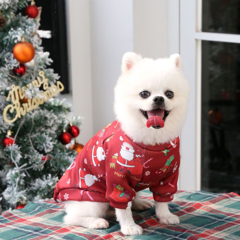 Pet Sweatshirt Christmas Print Fleece Lined Dog Cat Two-legged composite velvet green bottom old man XS (bust 30 back length 20)