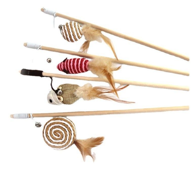 Wooden Cat Teaser Stick Water Drop Pet Feather Mouse Wooden pole xiaohaibao As shown in the figure