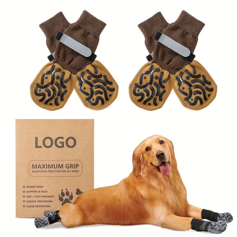 Dog Shoes Non Slip Indoor Outdoor Cotton Dark brown caterpillar-double-sided dot [high-end storage bag] L large size 7.5*18cm [recommended within 15-20kg inches] [pack of four]