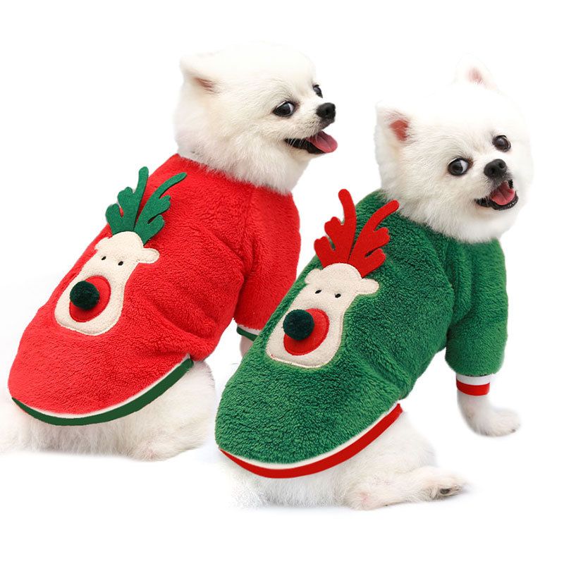 Dog Christmas Clothes Pet Wear Fleece Deer 249 Two-legged Green Plush Deer Face L (Chest 45, Back Length 35 cm)