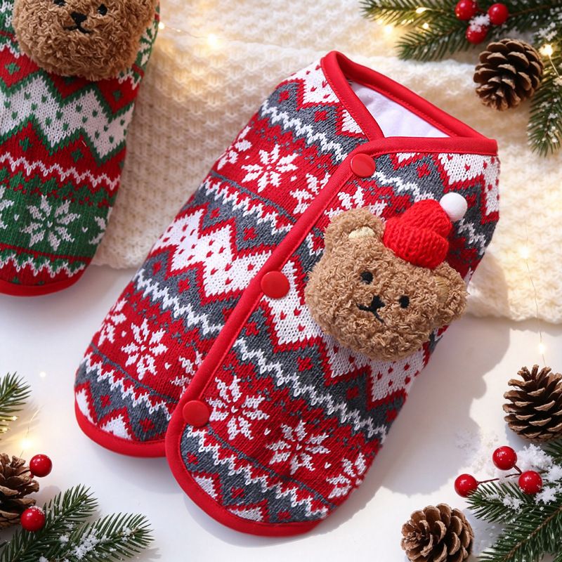 Christmas Pet Clothes Dog Cat Winter Cotton Gray and red snowflake bear vest XS