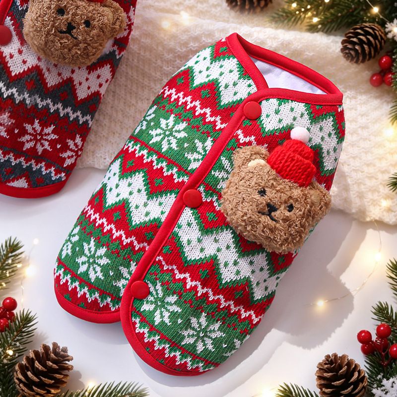 Christmas Pet Clothes Dog Cat Winter Cotton Green and red snowflake bear vest XS