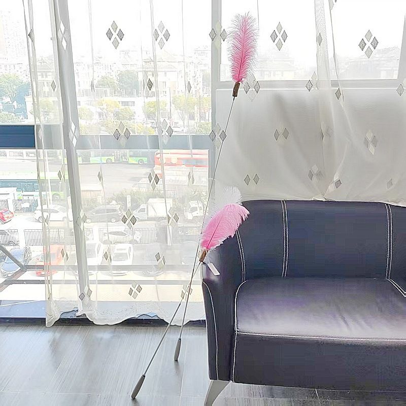 CHIYOOSU Cat Teaser Wand with Feather Bell Color block ostrich feather extension wand - 3-section telescopic, pink + white