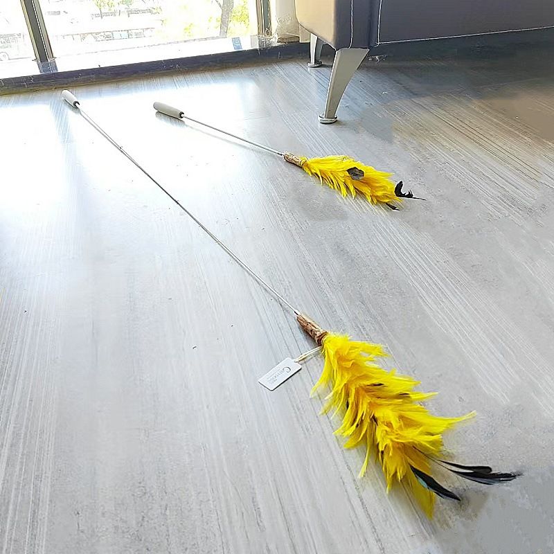 CHIYOOSU Cat Teaser Wand with Feather Bell Chicken tail flower extended pole three sections telescopic yellow