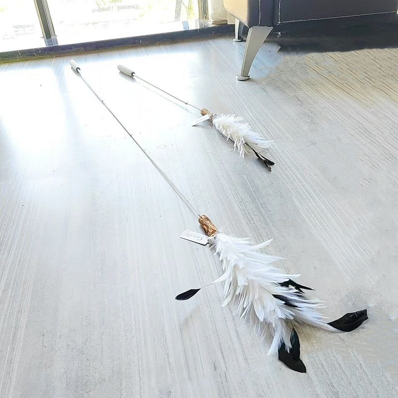 CHIYOOSU Cat Teaser Wand with Feather Bell White extendable telescopic pole with chicken tail flower pattern (3-section)
