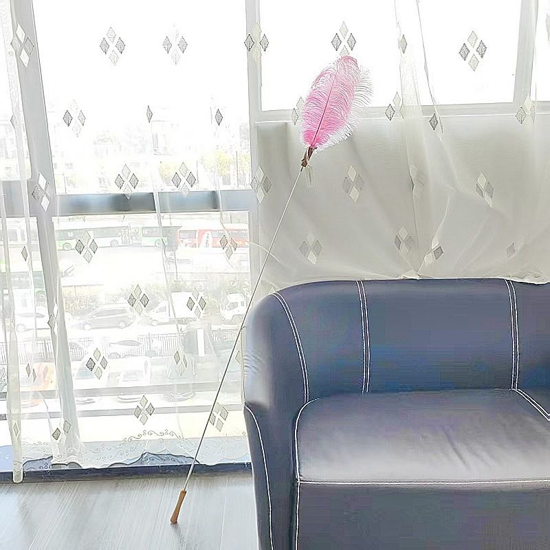 CHIYOOSU Cat Teaser Wand with Feather Bell Color block ostrich feather teaser wand for cats - pink + white (non-extendable)