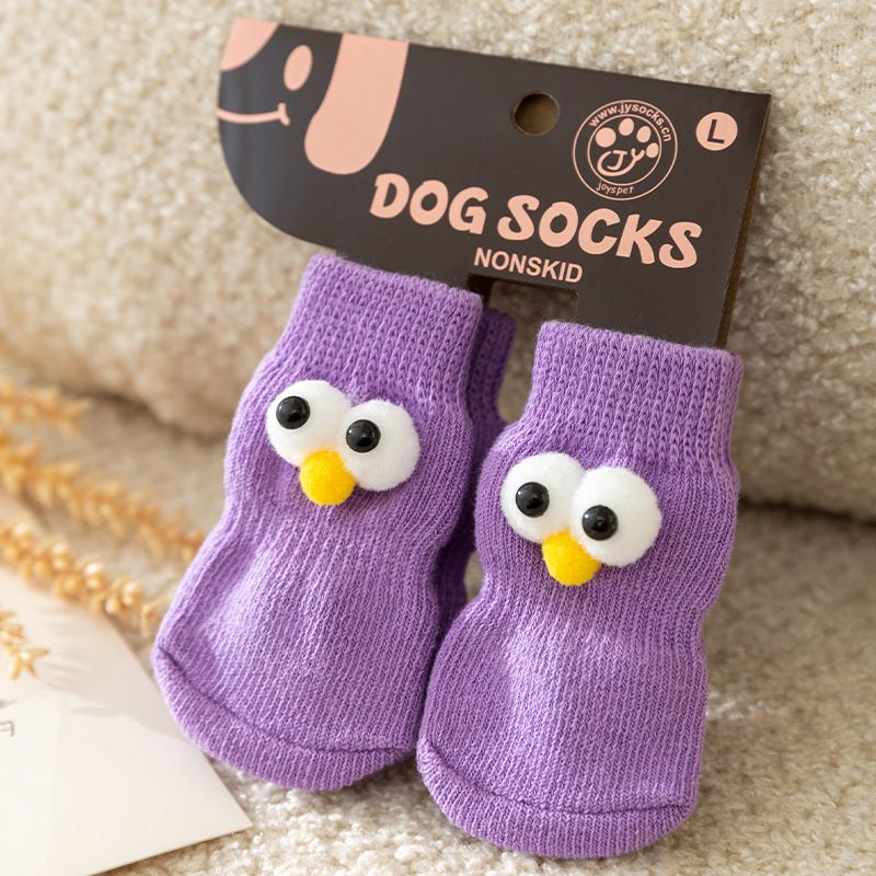 AMOOR Dog Socks Cartoon Non Slip 4 Pack Purple L