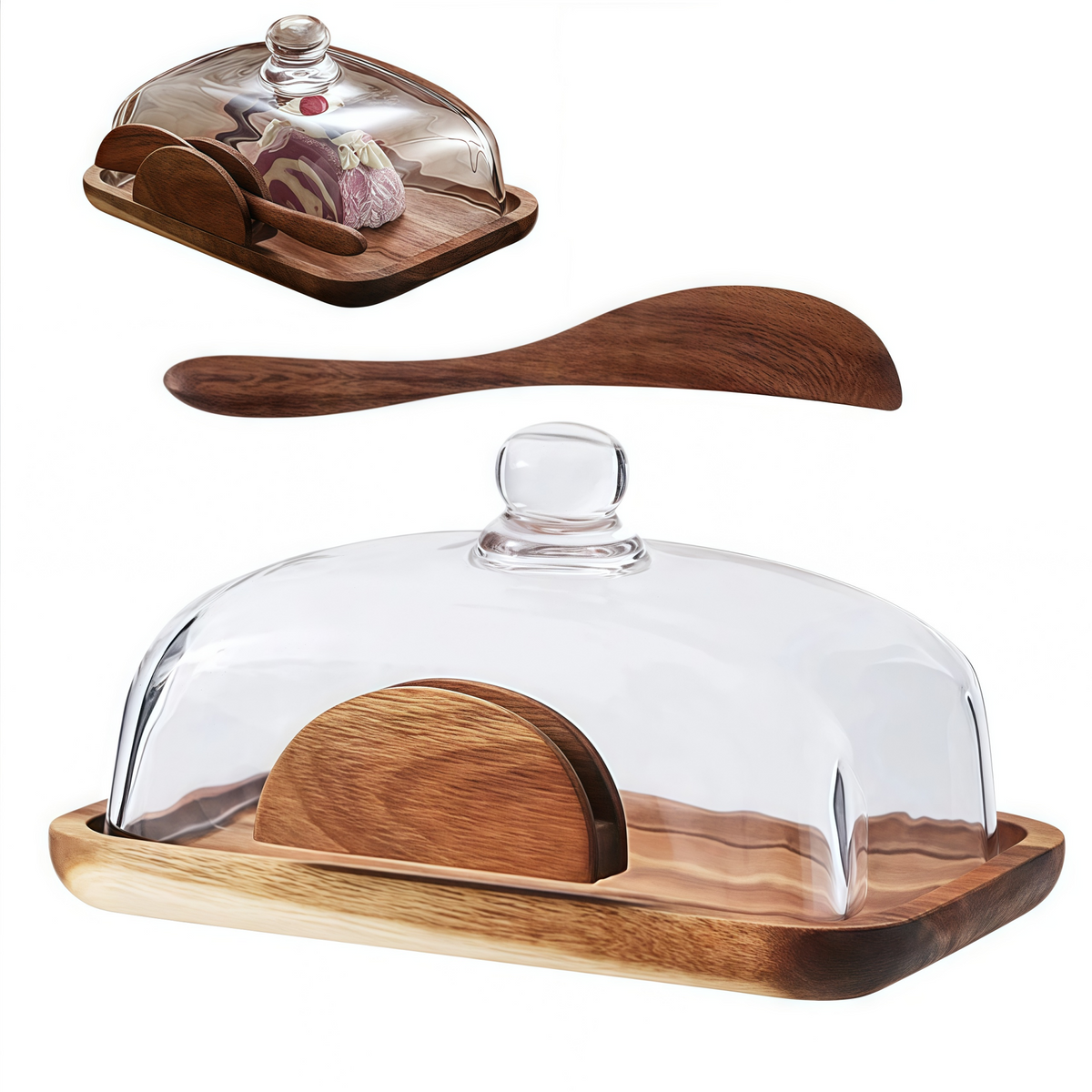 Wooden Butter Dish with Glass Lid, Rustic Butter Keeper with Cover for Countertop, Cheese & Bread Serving Tray