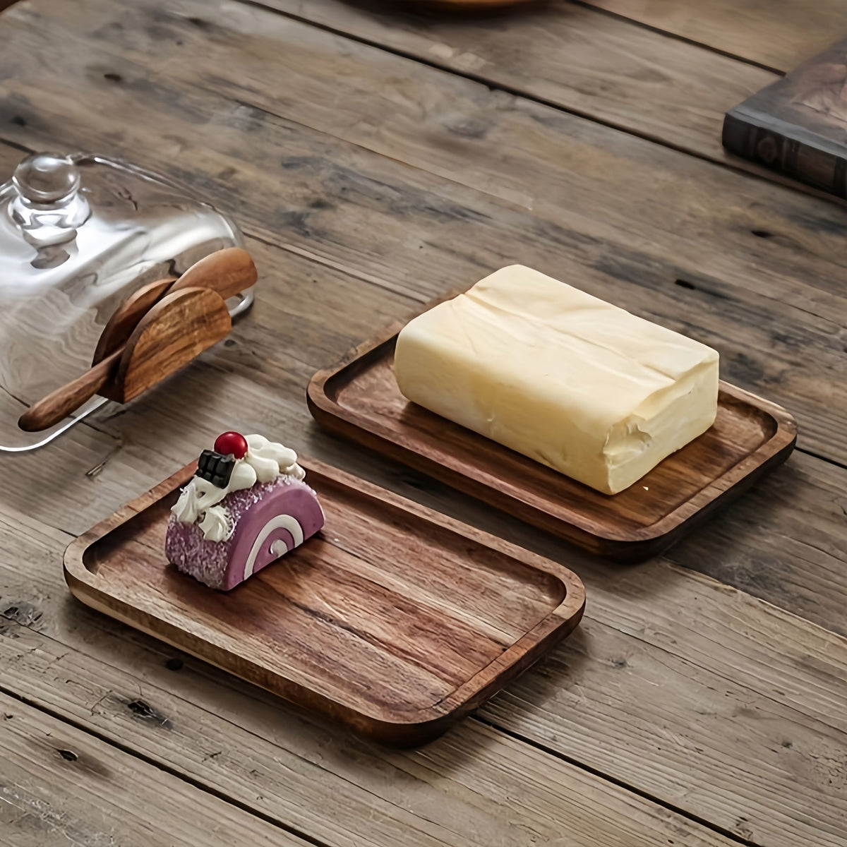 Wooden Butter Dish with Glass Lid, Rustic Butter Keeper with Cover for Countertop, Cheese & Bread Serving Tray