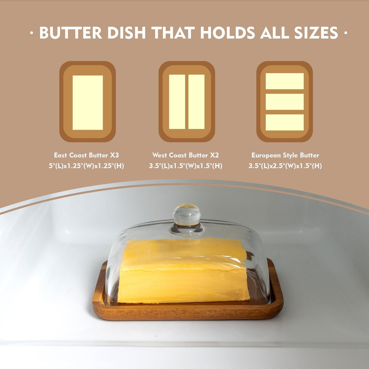 Wooden Butter Dish with Glass Lid, Rustic Butter Keeper with Cover for Countertop, Cheese & Bread Serving Tray