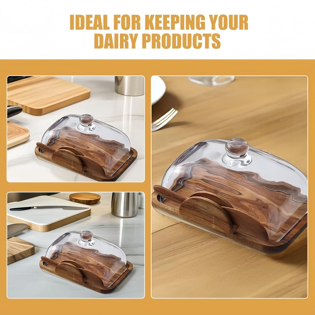 Wooden Butter Dish with Glass Lid, Rustic Butter Keeper with Cover for Countertop, Cheese & Bread Serving Tray