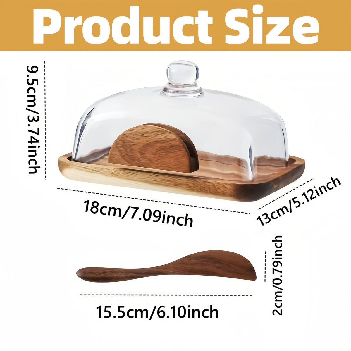 Wooden Butter Dish with Glass Lid, Rustic Butter Keeper with Cover for Countertop, Cheese & Bread Serving Tray